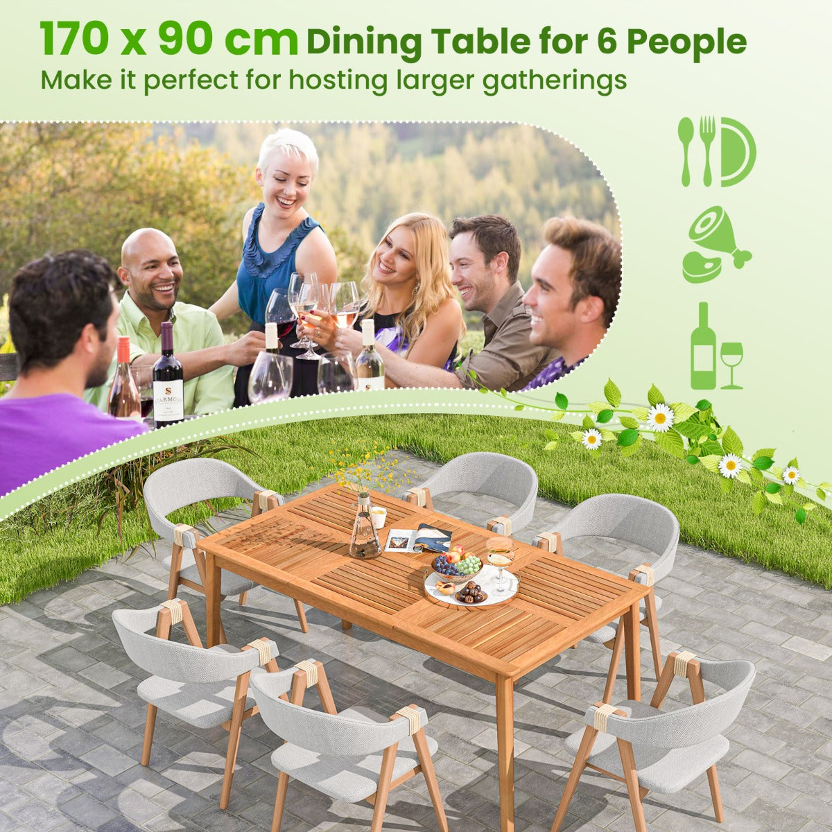 LIVSK Outdoor Eettafel - Acaciahout - Voor 6 Personen - Parasolgat - 170x90x75,5 cm - Natuurlijk