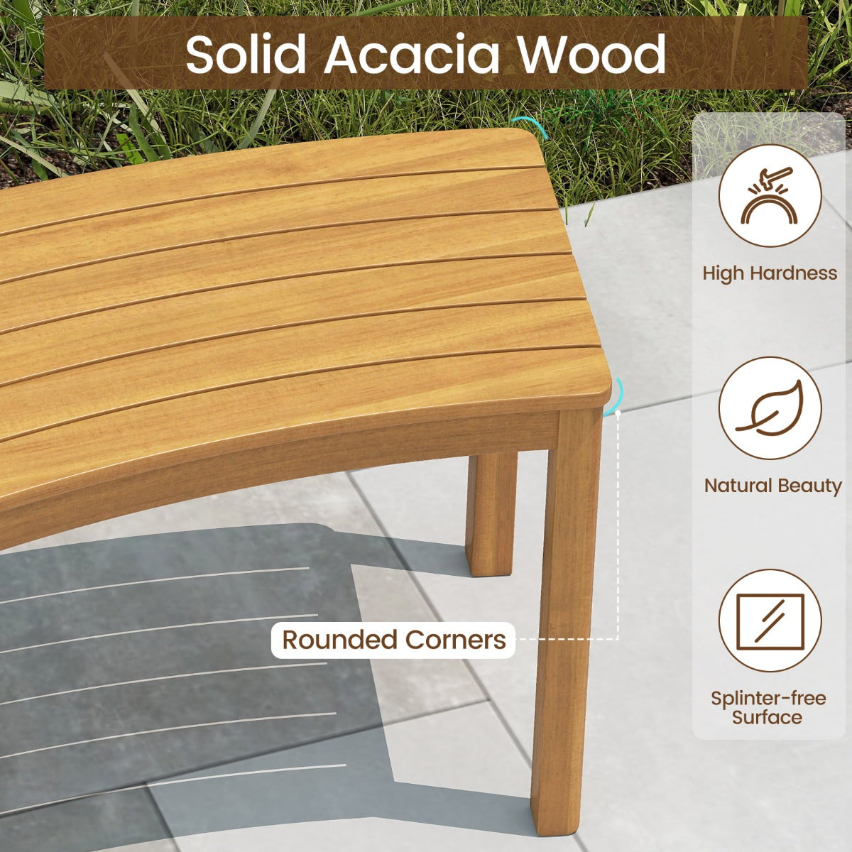 LIVSK Outdoor Terrasbank - Massief Acaciahout - Slank Gebogen Ontwerp - Draagvermogen 180 kg - Naturel