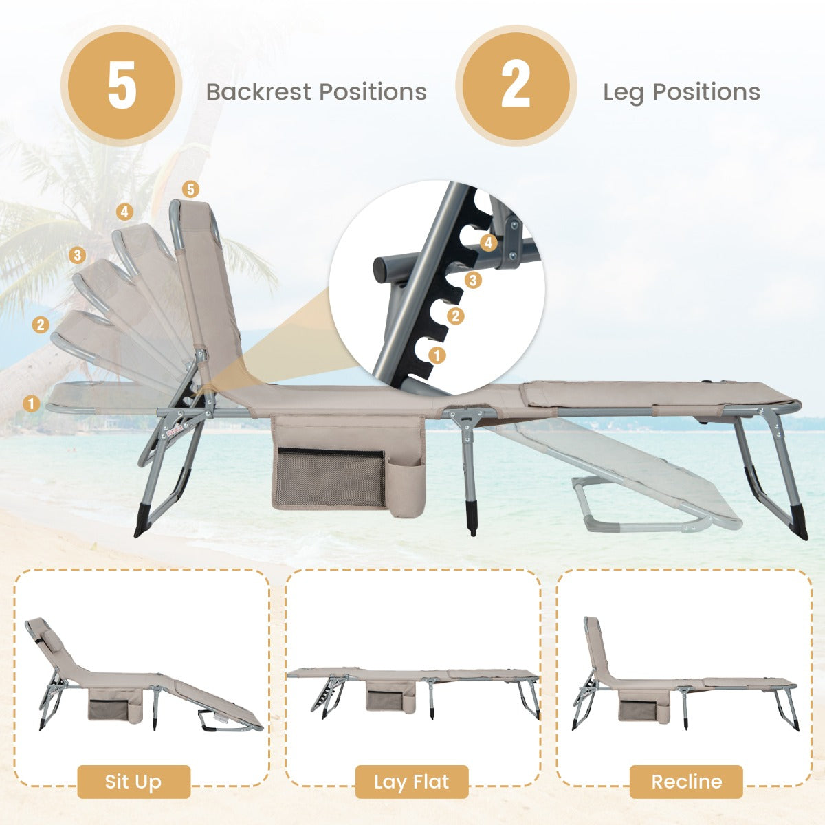 LIVSK Outdoor Zonnestoel - 5 Verstelbare Posities - Afneembaar Hoofdkussen - Opvouwbaar en Draagbaar - Beige