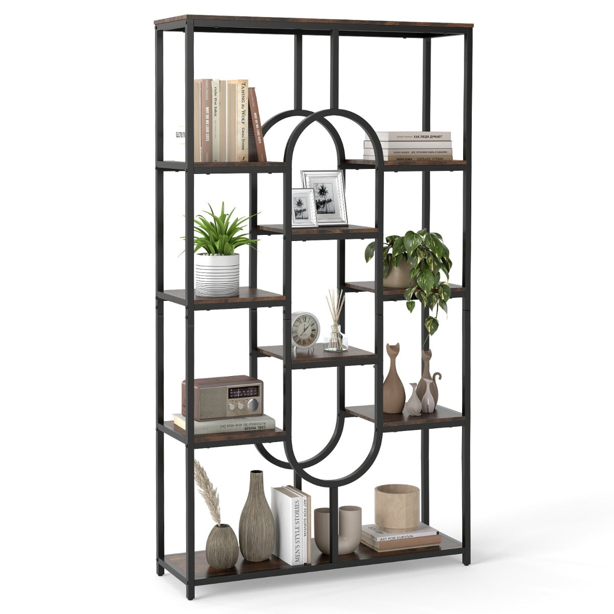LIVSK Ovale Boekenkast - 5 Verdiepingen - Duurzaam Metalen Frame - Verstelbare Voetjes - Kantelbeveiliging - Modern Design - Bruin