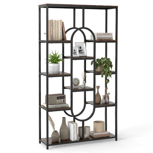 LIVSK Ovale Boekenkast - 5 Verdiepingen - Duurzaam Metalen Frame - Verstelbare Voetjes - Kantelbeveiliging - Modern Design - Bruin
