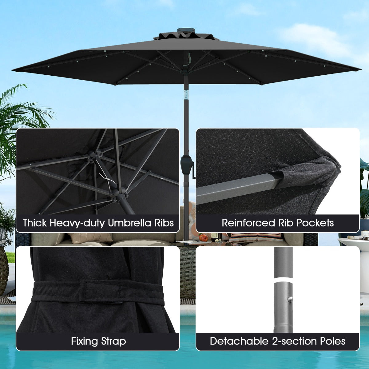 LIVSK Parasol 230 cm - Geventileerd Polyester - LED Verlichting - Kantelmechanisme - Eenvoudig Op te Bergen - Beige