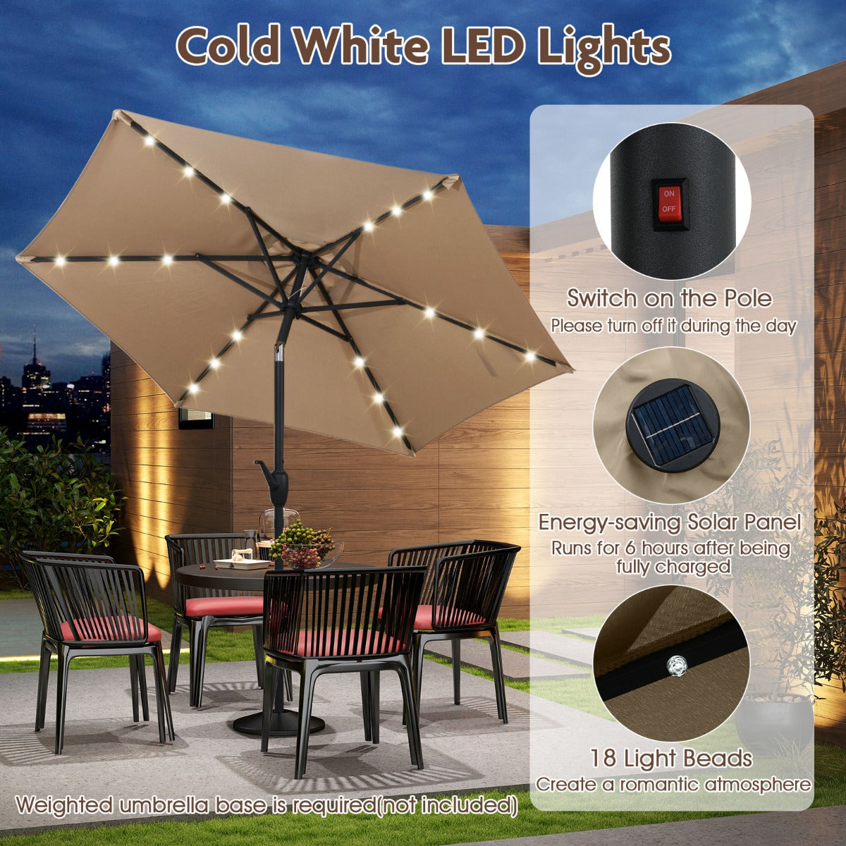 LIVSK Parasol 230 cm - Geventileerd Polyester - Verstelbaar Kantelsysteem - LED Verlichting - Eenvoudig Op te Bergen - Beige