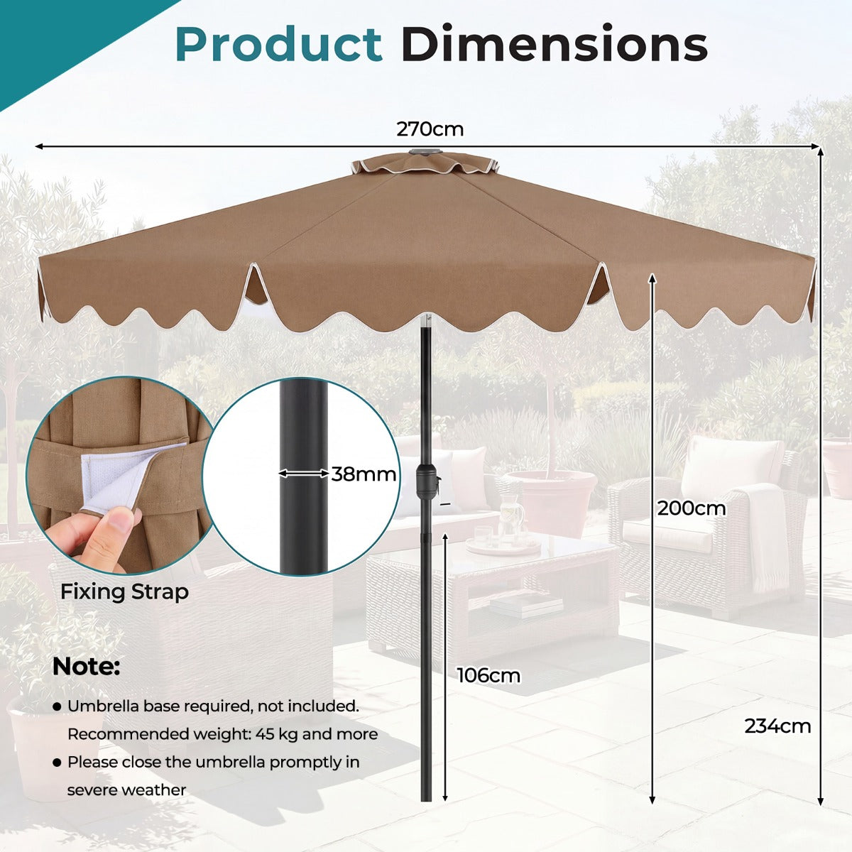LIVSK Parasol 270 cm - Hoogwaardig Polyester - Kantelbaar tot 30° - Eenvoudige Slinger - 8 Stabiele Metalen Stokken - Beige/Bruin
