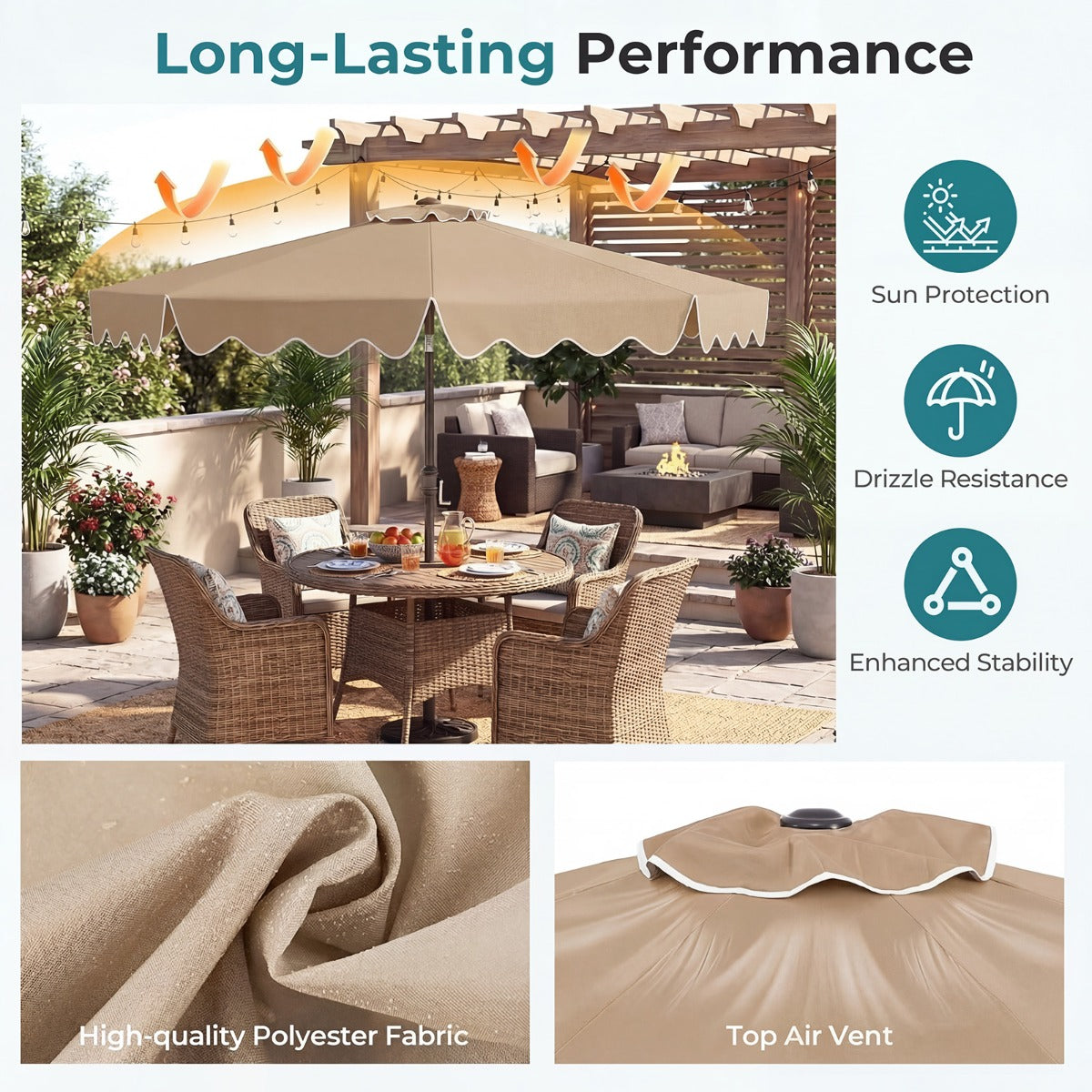 LIVSK Parasol 270 cm - Hoogwaardig Polyester - Kantelbaar tot 30° - Eenvoudige Slinger - 8 Stabiele Metalen Stokken - Beige/Bruin
