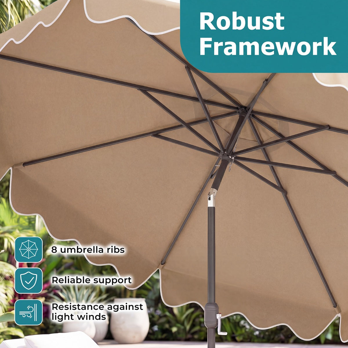 LIVSK Parasol 270 cm - Hoogwaardig Polyester - Kantelbaar tot 30° - Eenvoudige Slinger - 8 Stabiele Metalen Stokken - Beige/Bruin