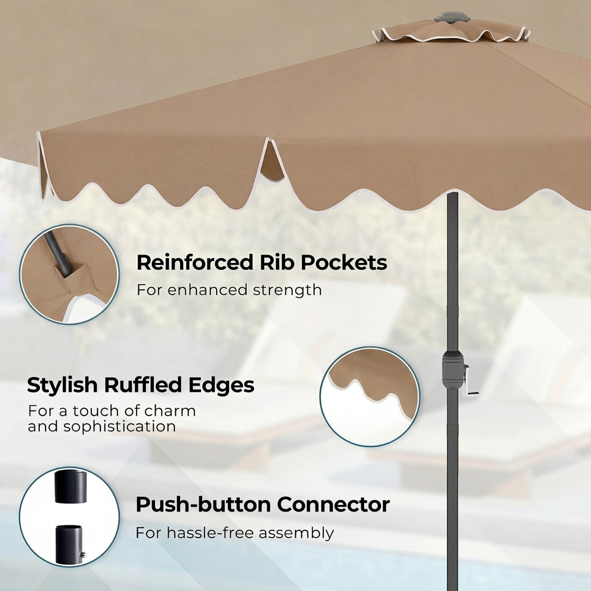 LIVSK Parasol 270 cm - Hoogwaardig Polyester - Kantelbaar tot 30° - Eenvoudige Slinger - 8 Stabiele Metalen Stokken - Beige/Bruin