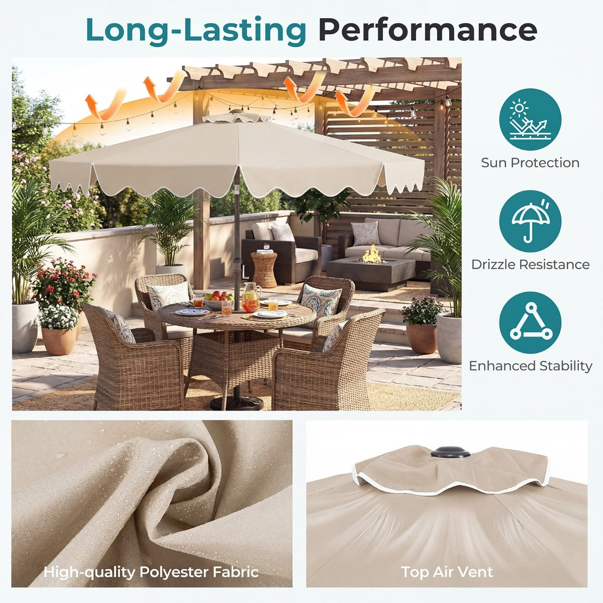 LIVSK Parasol 270 cm - Hoogwaardig Polyester - Verstelbare Hellingshoek - Eenvoudige Slingerbediening - Beige/Bruin/Marineblauw