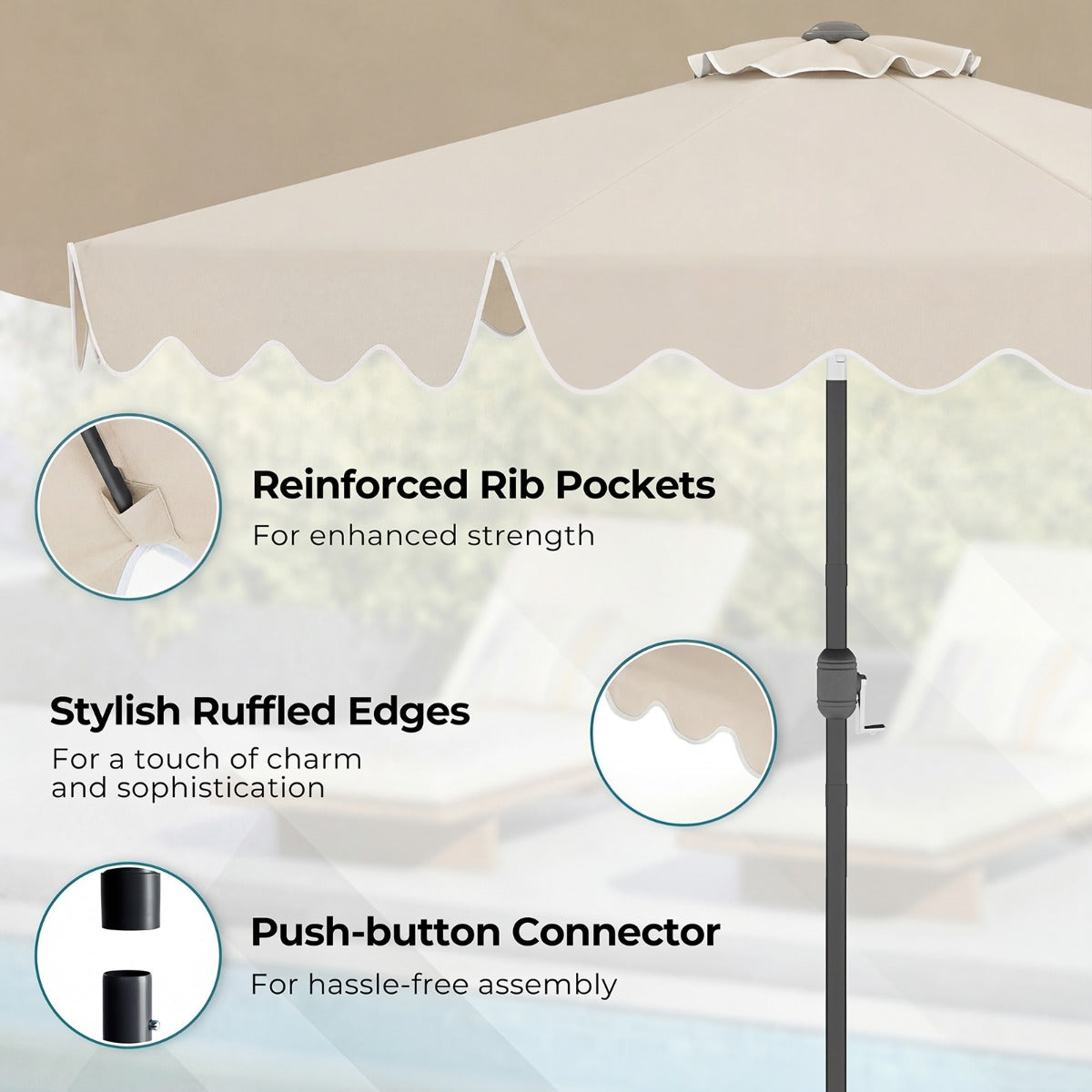 LIVSK Parasol 270 cm - Hoogwaardig Polyester - Verstelbare Hellingshoek - Eenvoudige Slingerbediening - Beige/Bruin/Marineblauw