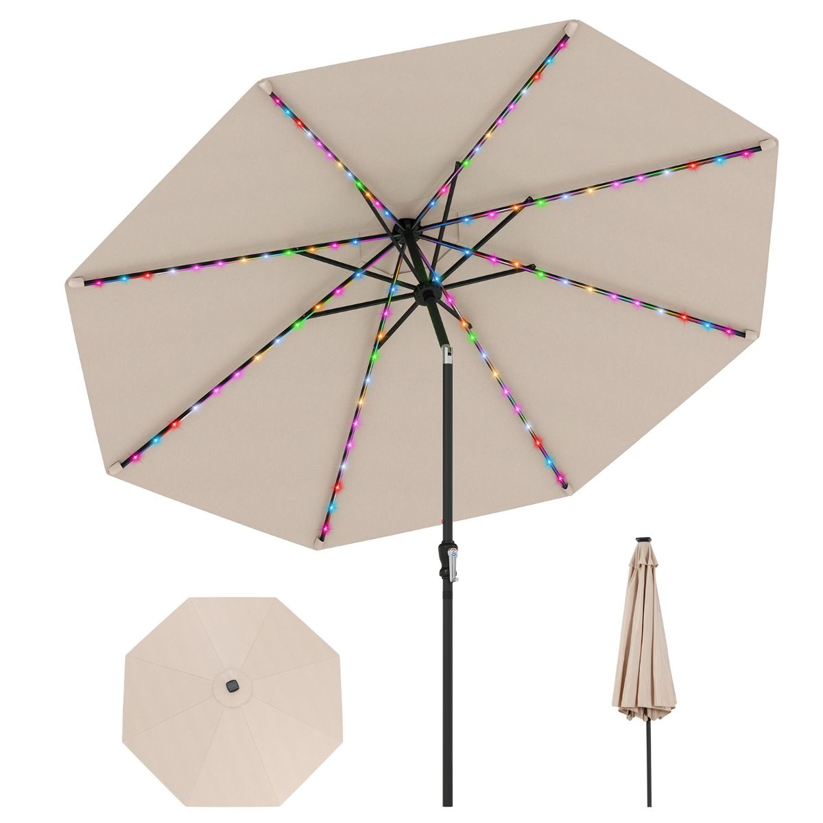 LIVSK Parasol 300 cm - 96 LED-lampen - 9 Verlichtingsmodi - Kantelmechanisme - Polyester - Beige