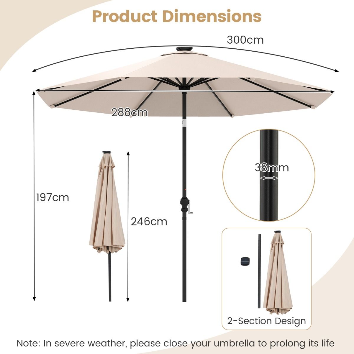 LIVSK Parasol 300 cm - 96 LED-lampen - 9 Verlichtingsmodi - Kantelmechanisme - Polyester - Beige