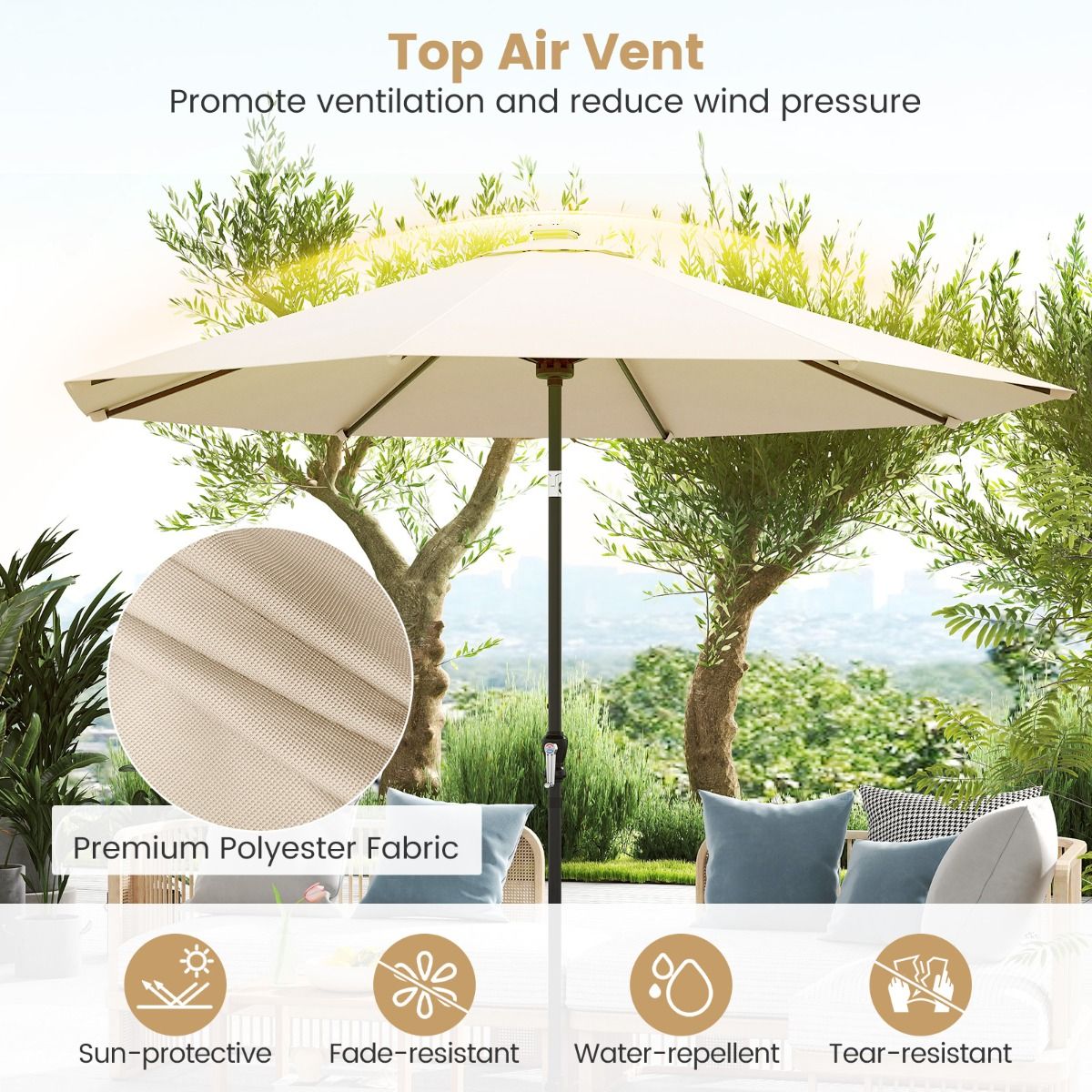 LIVSK Parasol 300 cm - 96 LED-lampen - 9 Verlichtingsmodi - Kantelmechanisme - Polyester - Beige