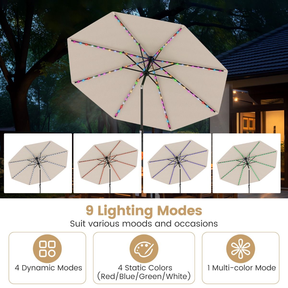 LIVSK Parasol 300 cm - 96 LED-lampen - 9 Verlichtingsmodi - Kantelmechanisme - Polyester - Beige