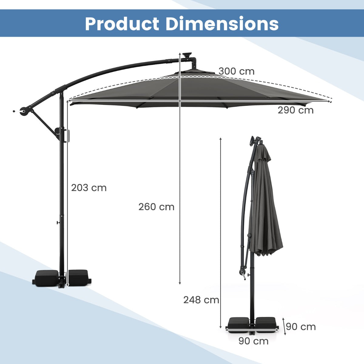 LIVSK Parasol 300 cm - 96 LED-lampen - 9 Verlichtingsmodi - Verstelbaar & Rotatie - Dubbellaags Polyester - Grijs