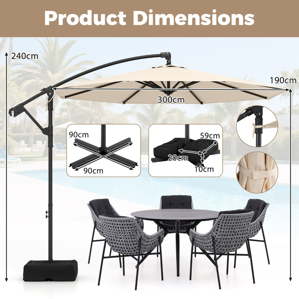 LIVSK Parasol 300 cm - Geventileerde Kap - 360° Draaibaar - Robuuste Stangen - Eenvoudige Slinger - Beige/Bruin/Grijs