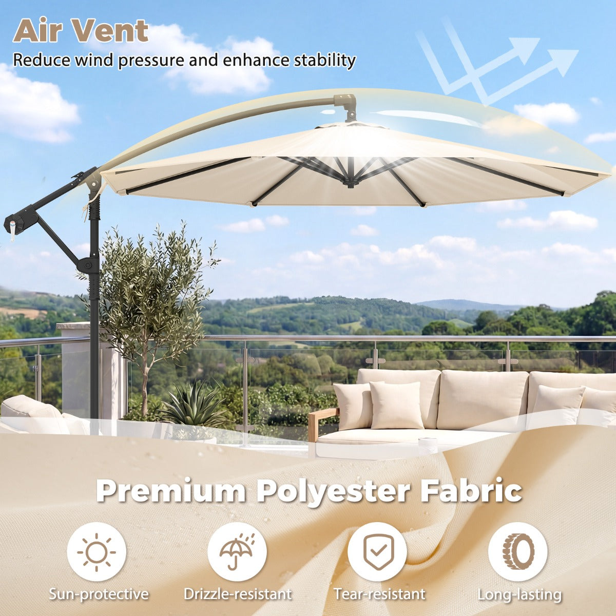 LIVSK Parasol 300 cm - Geventileerde Kap - 360° Draaibaar - Robuuste Stangen - Eenvoudige Slinger - Beige/Bruin/Grijs