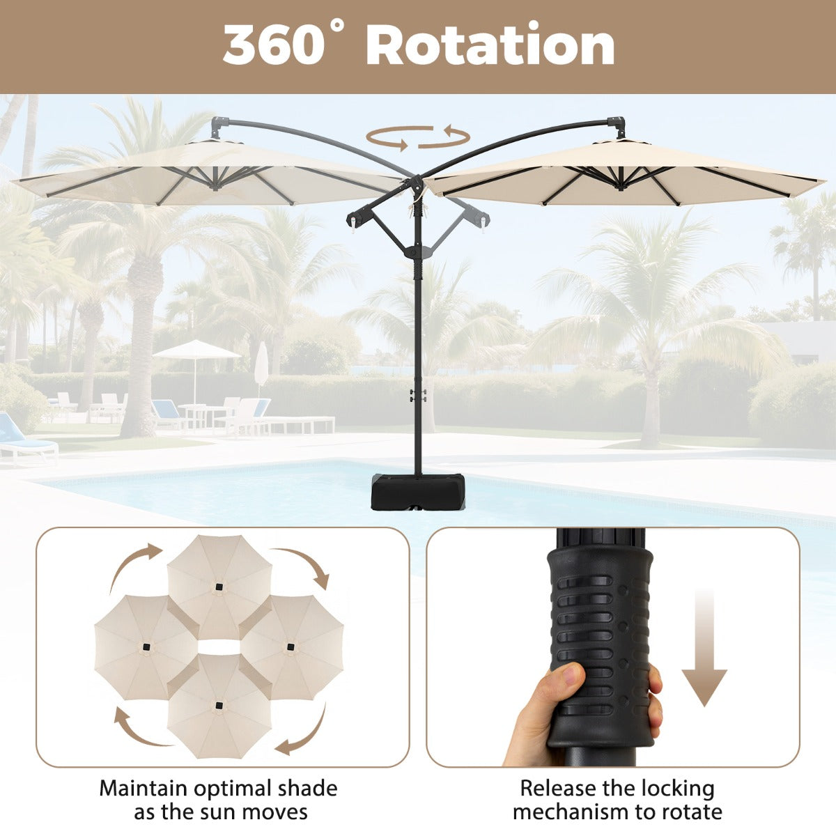 LIVSK Parasol 300 cm - Geventileerde Kap - 360° Draaibaar - Robuuste Stangen - Eenvoudige Slinger - Beige/Bruin/Grijs