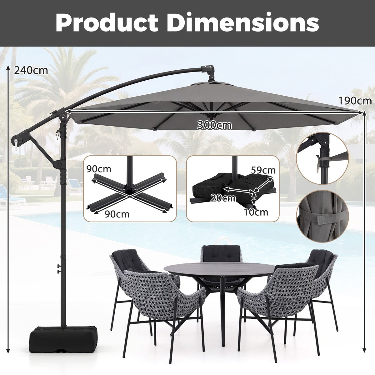 LIVSK Parasol 300 cm - Geventileerde Kap - 360° Draaibaar - Robuuste Stangen - Eenvoudige Slingerbediening - Beige/Bruin/Grijs