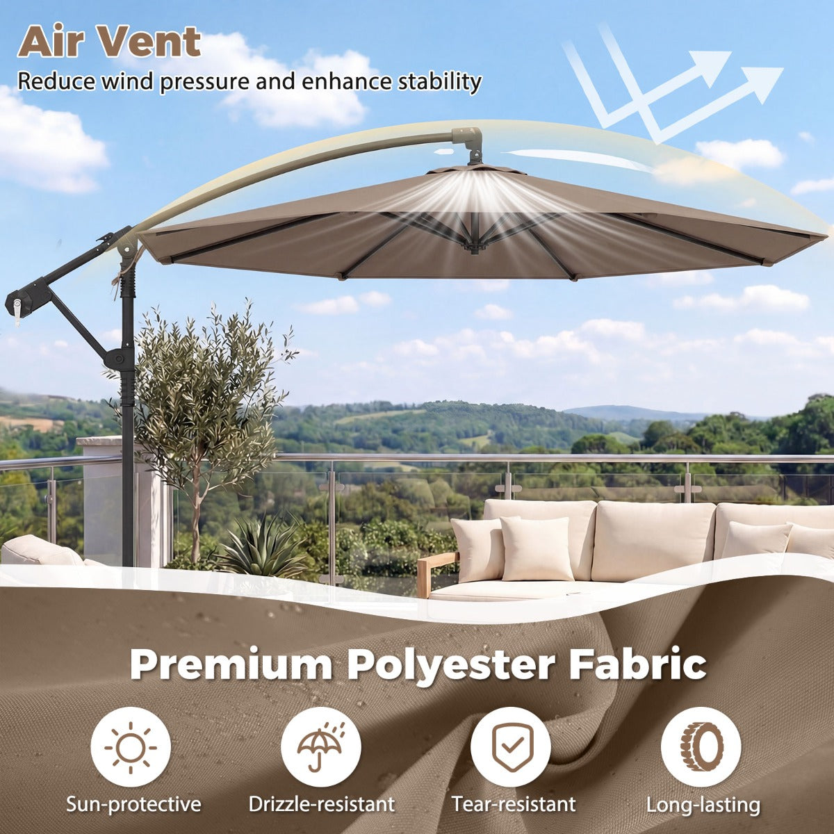 LIVSK Parasol 300 cm - Geventileerde Kap - 360° Draaifunctie - Robuuste Stangen - Eenvoudige Slingerbediening - Beige/Bruin/Grijs