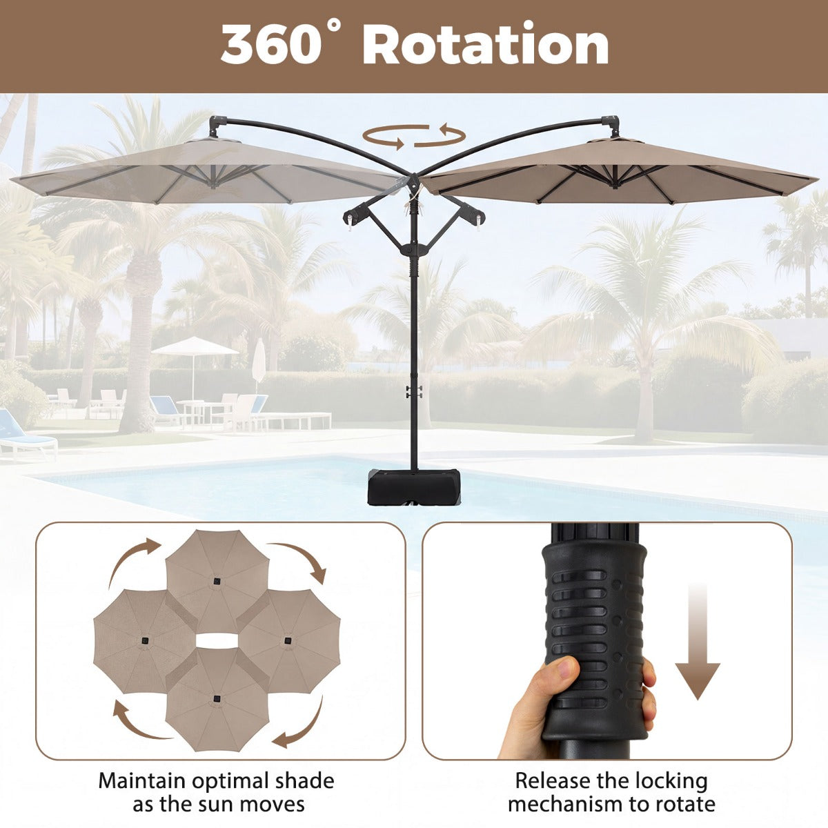 LIVSK Parasol 300 cm - Geventileerde Kap - 360° Draaifunctie - Robuuste Stangen - Eenvoudige Slingerbediening - Beige/Bruin/Grijs