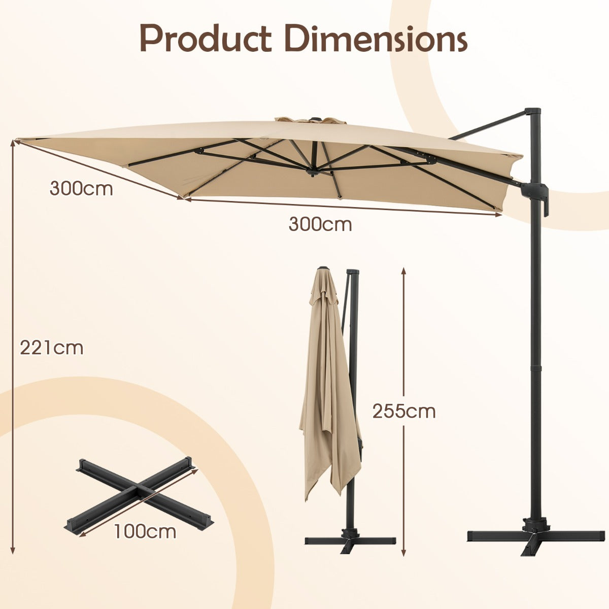 LIVSK Parasol 300 x 300 cm - 360° Draaibaar - 5 Hellingshoeken - Aluminium & Polyester - Beige