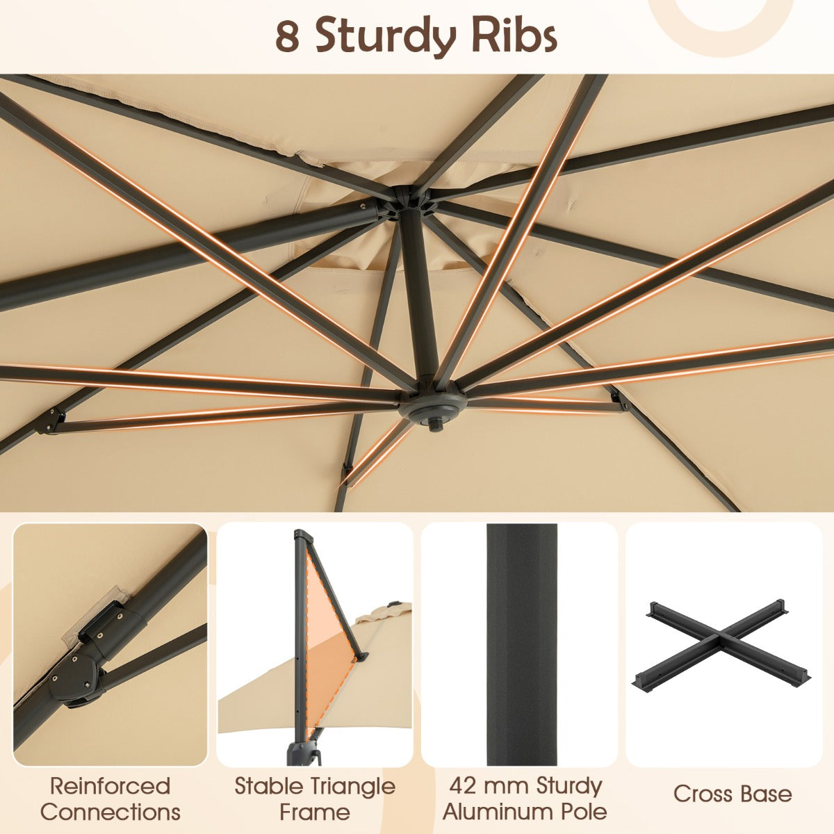 LIVSK Parasol 300 x 300 cm - 360° Draaibaar - 5 Hellingshoeken - Aluminium & Polyester - Beige