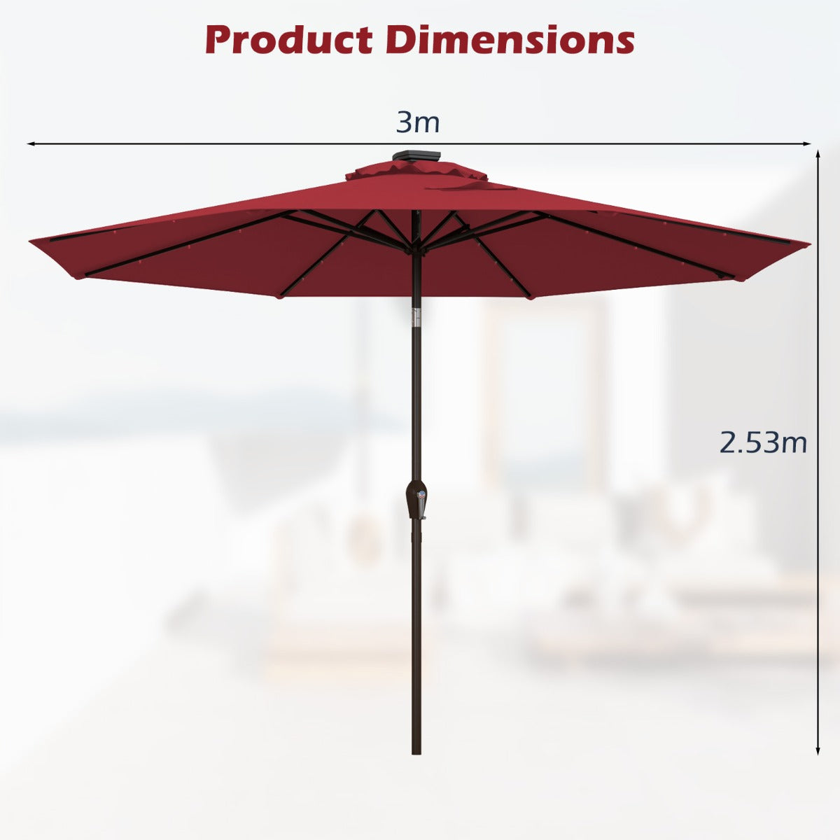 LIVSK Parasol 3M - Zonne-energie LED-verlichting - Kantelontwerp - Eenvoudig Zwengelliftsysteem - Wijnrood