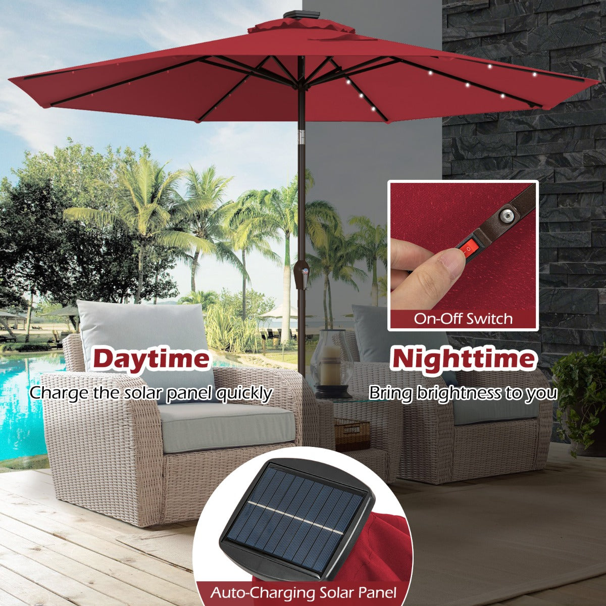 LIVSK Parasol 3M - Zonne-energie LED-verlichting - Kantelontwerp - Eenvoudig Zwengelliftsysteem - Wijnrood