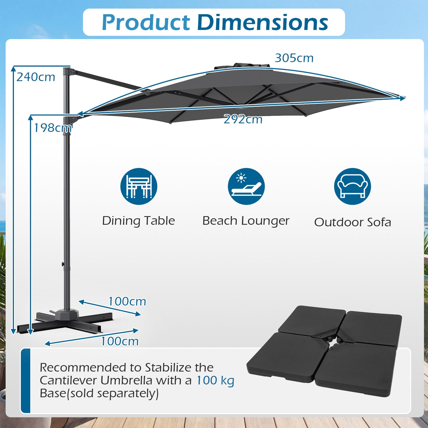 LIVSK Parasol en Parasolvoet Set - Hoogwaardig Polyester - 360° Draai - Robuuste Constructie - Voor Tuin en Balkon - Beige/Grijs