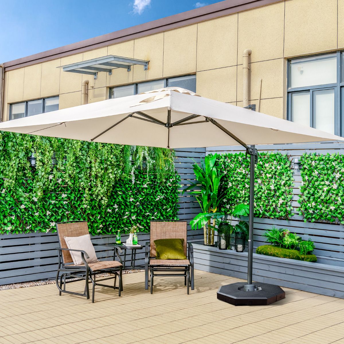 LIVSK Parasol en Parasolvoet Set - Weerbestendig HDPE - 4-delige Basisgewichten - 300 x 300 cm - Zwart en Beige
