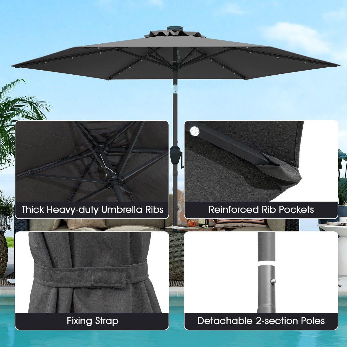 LIVSK Parasol - Geventileerd Polyester - Kantelmechanisme - LED Verlichting - Eenvoudig Op te Zetten -