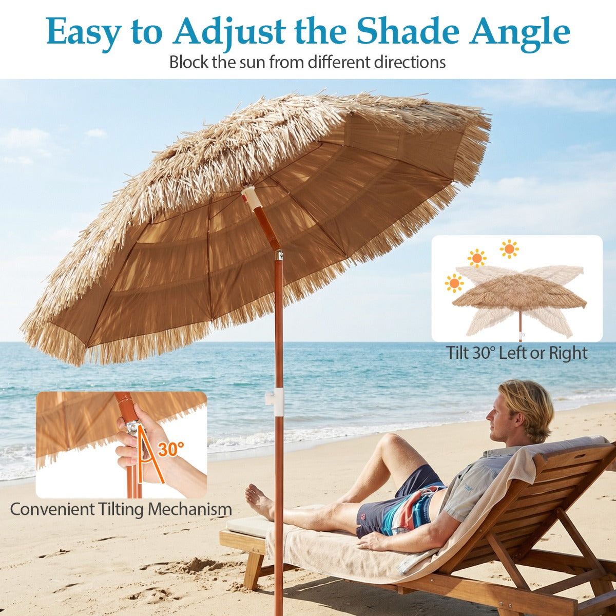 LIVSK Parasol Hawaï - Verstelbare Hoogte - Kantelontwerp - Inclusief Draagtas - Voor Tuin en Terras - 155 x 194 cm