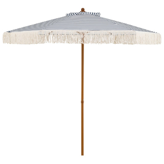 LIVSK Parasol met Franjes - 210 cm Buitendiameter - Geventileerd Polyester - Robuuste Aluminium Mast - Blauw en Wit