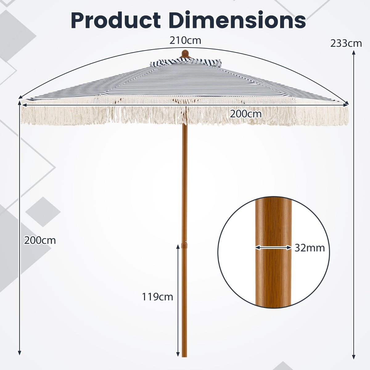 LIVSK Parasol met Franjes - 210 cm Buitendiameter - Geventileerd Polyester - Robuuste Aluminium Mast - Blauw en Wit