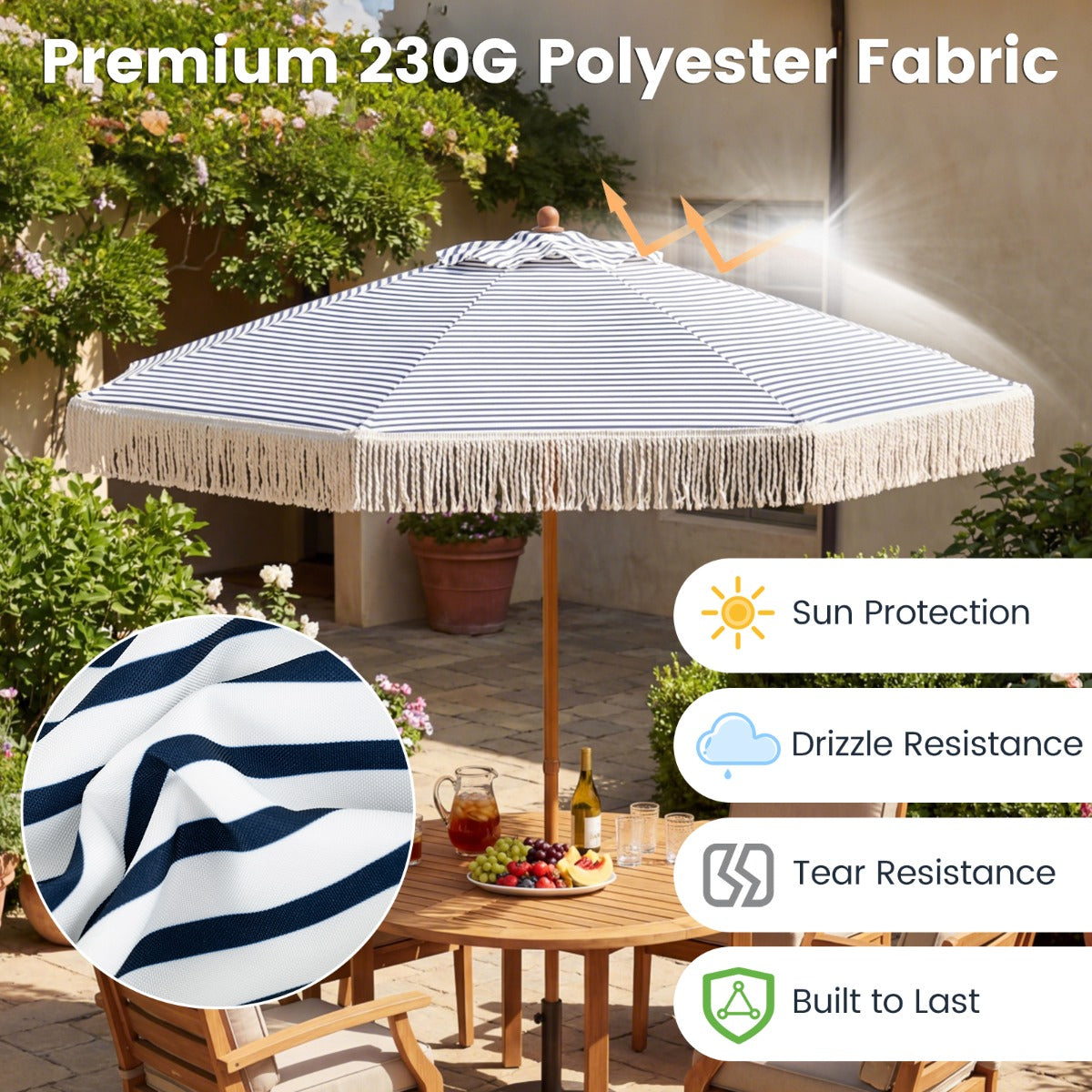LIVSK Parasol met Franjes - 210 cm Buitendiameter - Robuuste Aluminium Mast - Geventileerd Polyester - Blauw en Wit