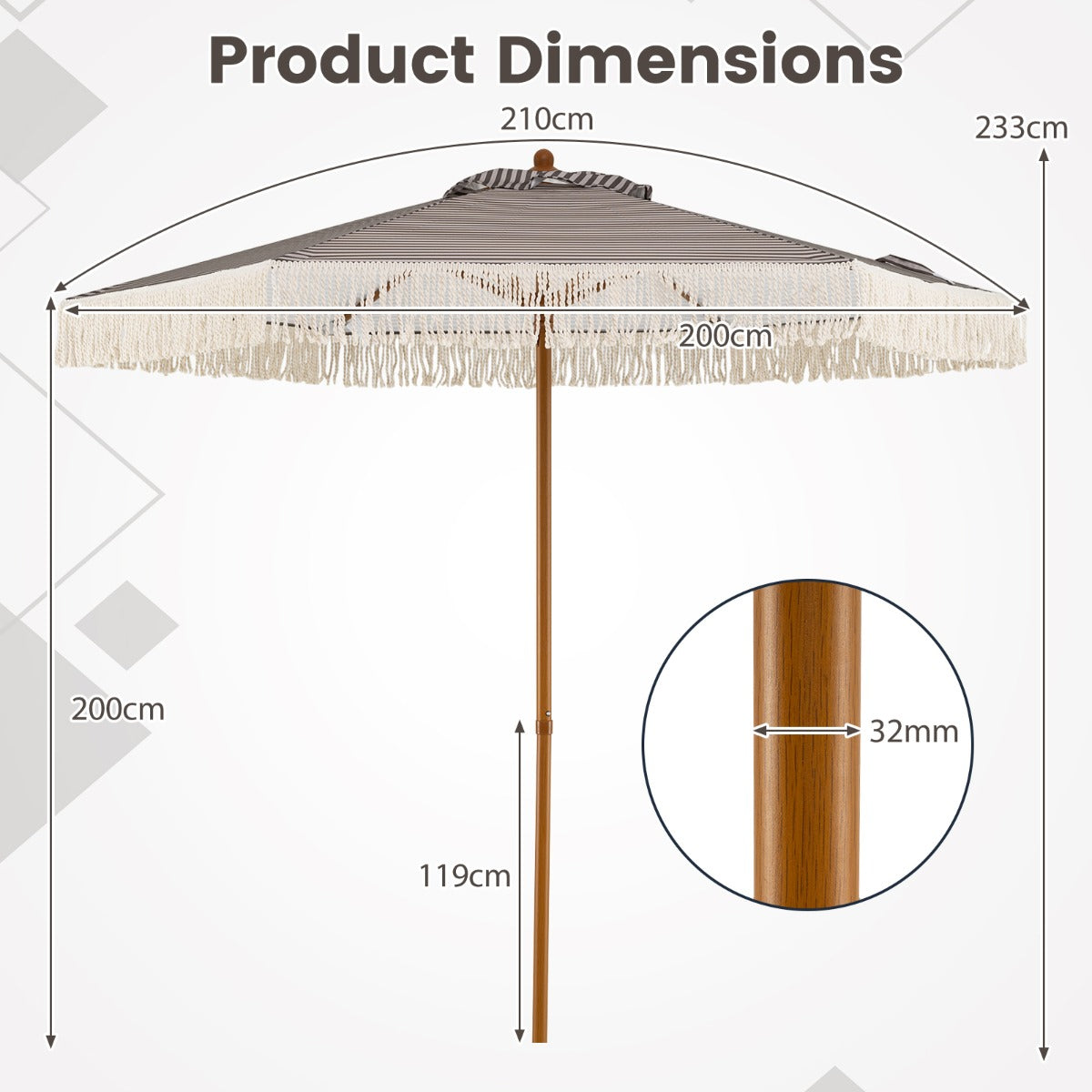 LIVSK Parasol met Franjes - 6 Metalen Baleinen - Geventileerde Polyester - Eenvoudige Montage - Blauw-Wit of Groen-Wit