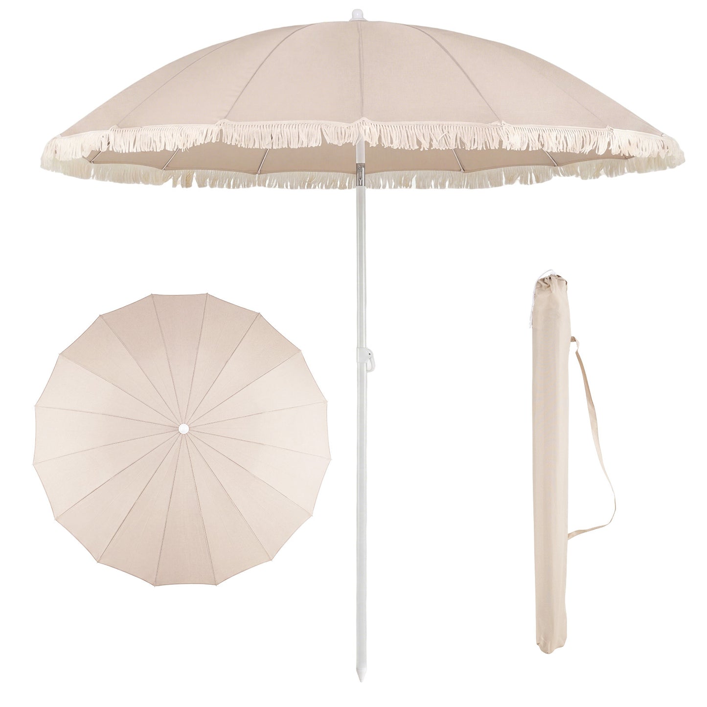 LIVSK Parasol met Franjes - Verstelbare Kantelhoek - Hoogwaardig Polyester - Robuuste Metalen Spaken - Beige/Bruin