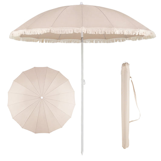 LIVSK Parasol met Franjes - Verstelbare Kantelhoek - Hoogwaardig Polyester - Robuuste Metalen Spaken - Beige/Bruin