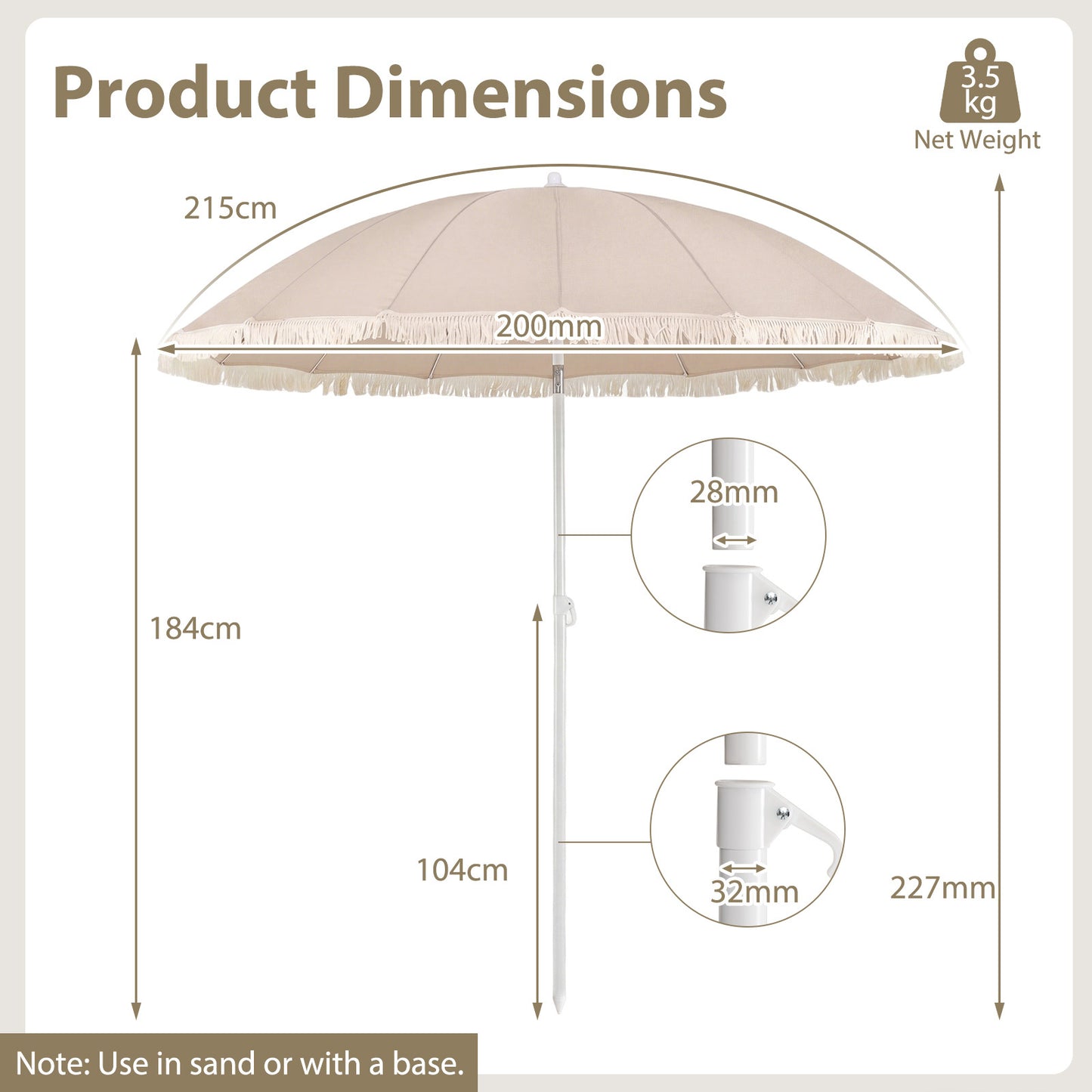 LIVSK Parasol met Franjes - Verstelbare Kantelhoek - Hoogwaardig Polyester - Robuuste Metalen Spaken - Beige/Bruin