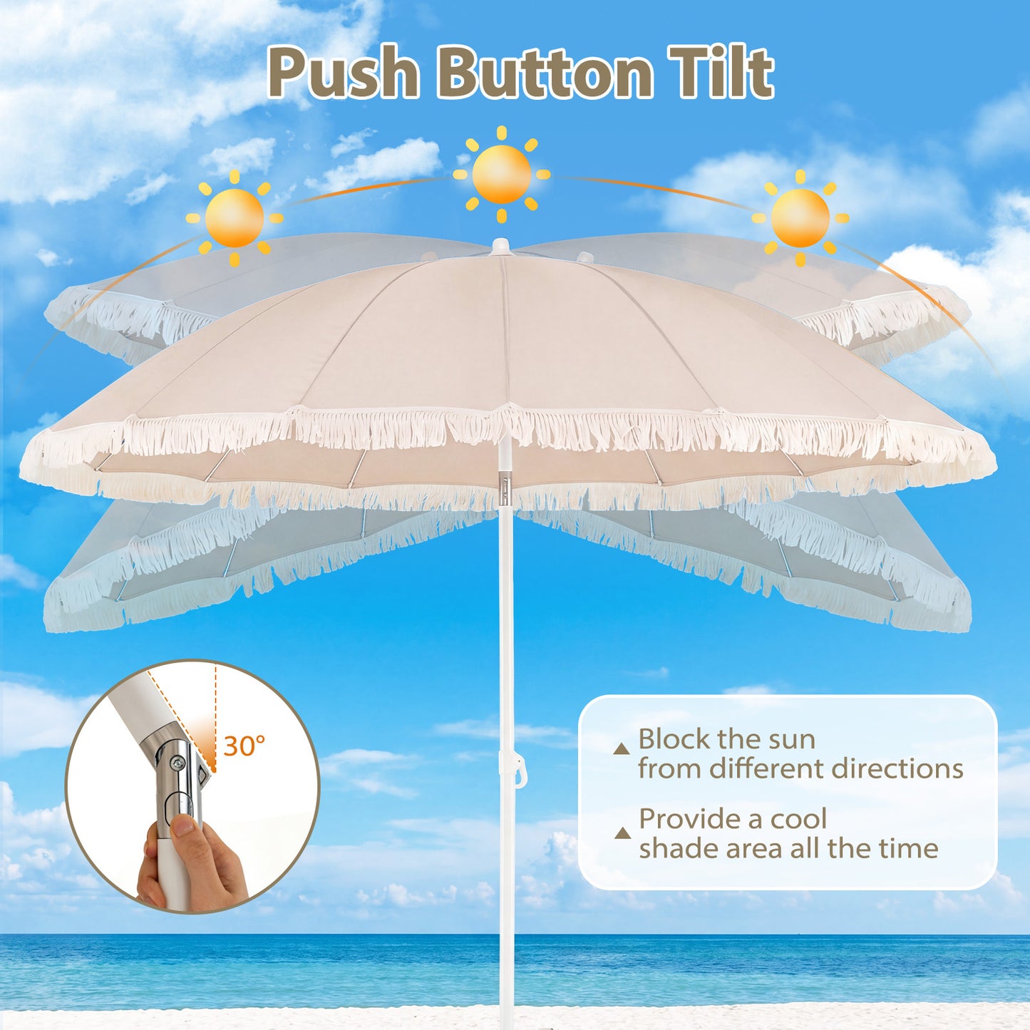 LIVSK Parasol met Franjes - Verstelbare Kantelhoek - Hoogwaardig Polyester - Robuuste Metalen Spaken - Beige/Bruin