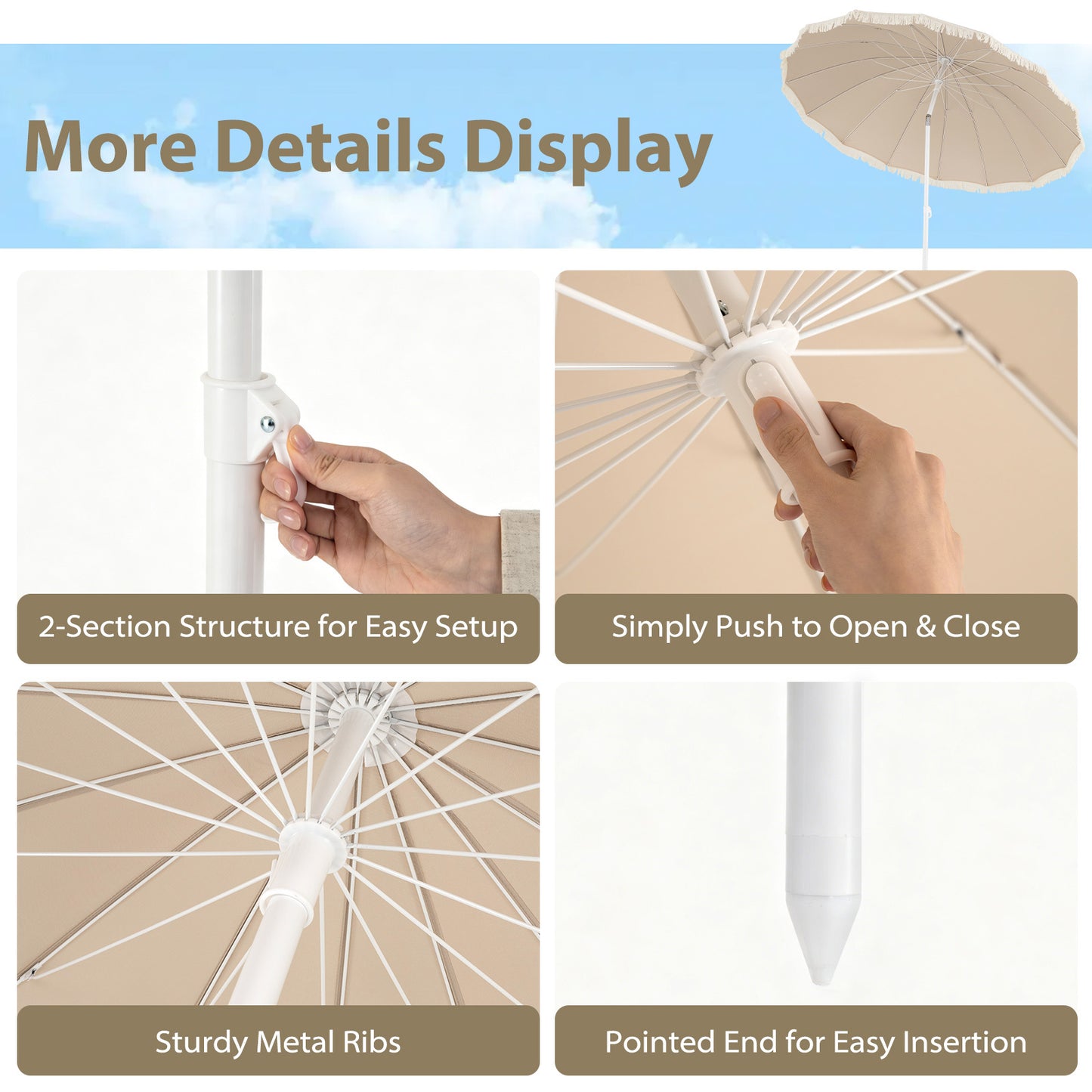 LIVSK Parasol met Franjes - Verstelbare Kantelhoek - Hoogwaardig Polyester - Robuuste Metalen Spaken - Beige/Bruin