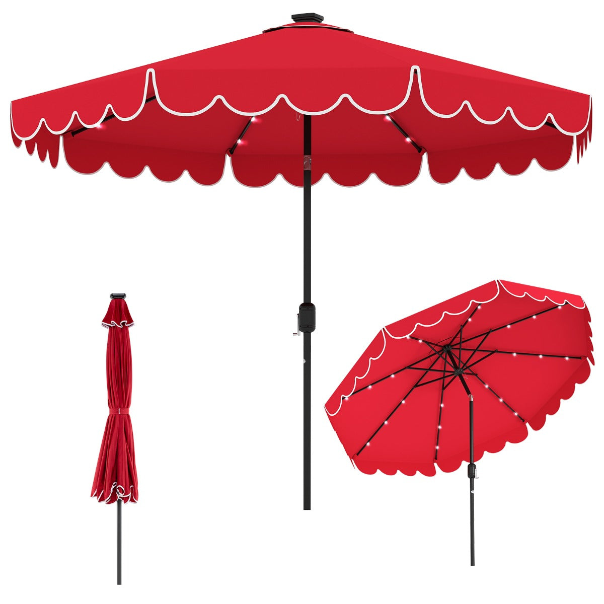 LIVSK Parasol met LED-verlichting - 307 cm Diameter - Kantelbaar tot 35° - Polyester en Metaal - Beige/Grijs/Wijnrood/Bruin