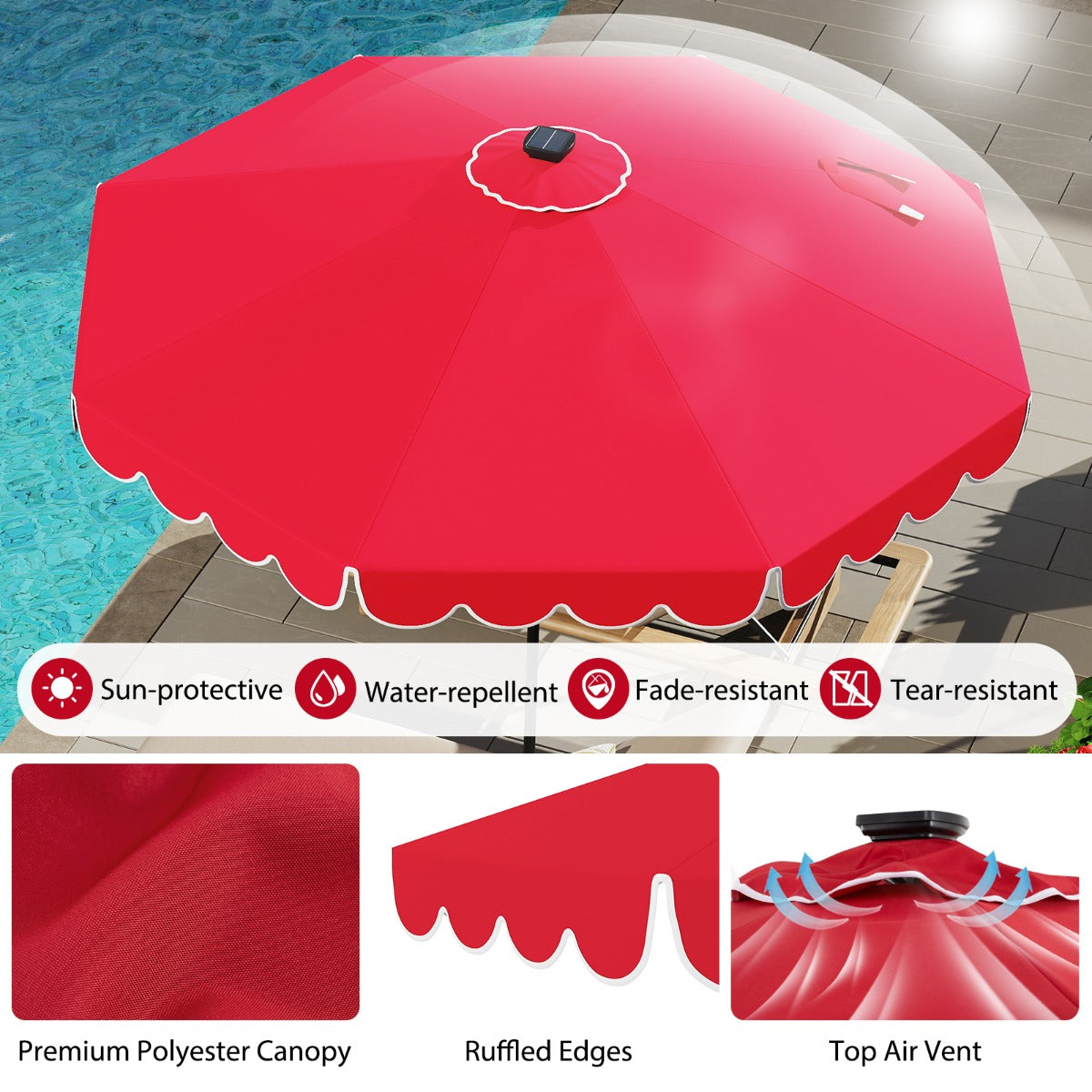 LIVSK Parasol met LED-verlichting - 307 cm Diameter - Kantelbaar tot 35° - Polyester en Metaal - Beige/Grijs/Wijnrood/Bruin