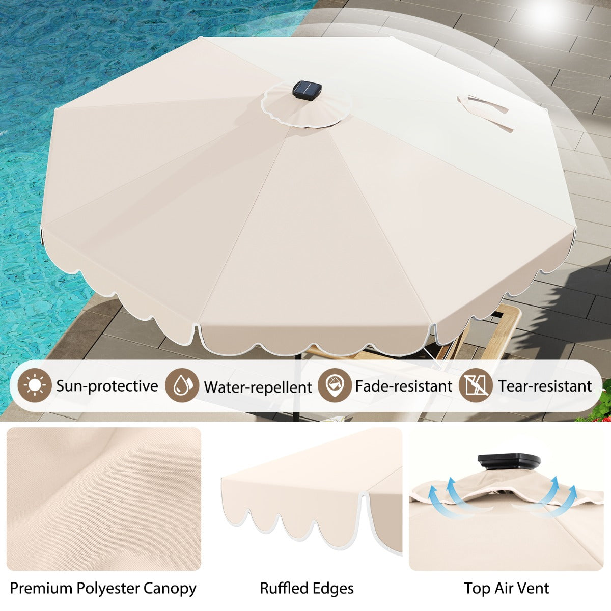 LIVSK Parasol met LED-verlichting - 307 x 253 cm - Kantelbaar tot 35° - Polyester en Metaal - Beige