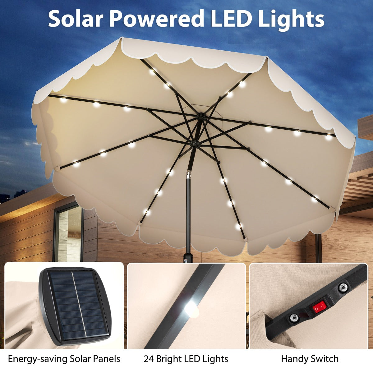 LIVSK Parasol met LED-verlichting - 307 x 253 cm - Kantelbaar tot 35° - Polyester en Metaal - Beige
