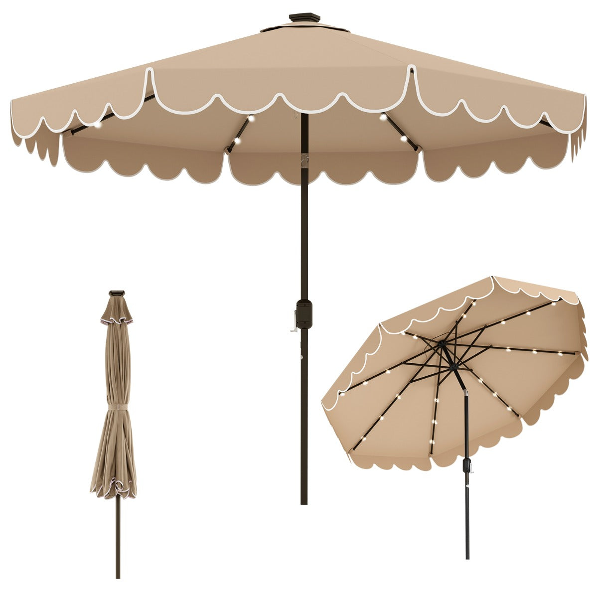 LIVSK Parasol met LED-verlichting - 307 x 253 cm - Kantelbaar tot 35° - Polyester en Metaal - Beige/Bruin