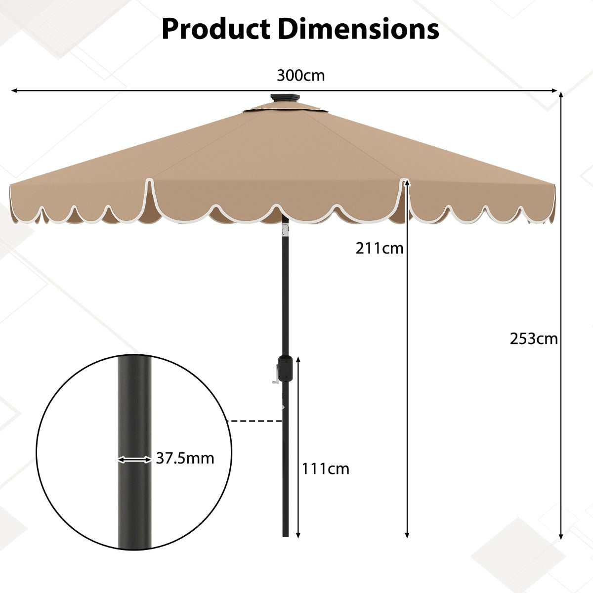LIVSK Parasol met LED-verlichting - 307 x 253 cm - Kantelbaar tot 35° - Polyester en Metaal - Beige/Bruin