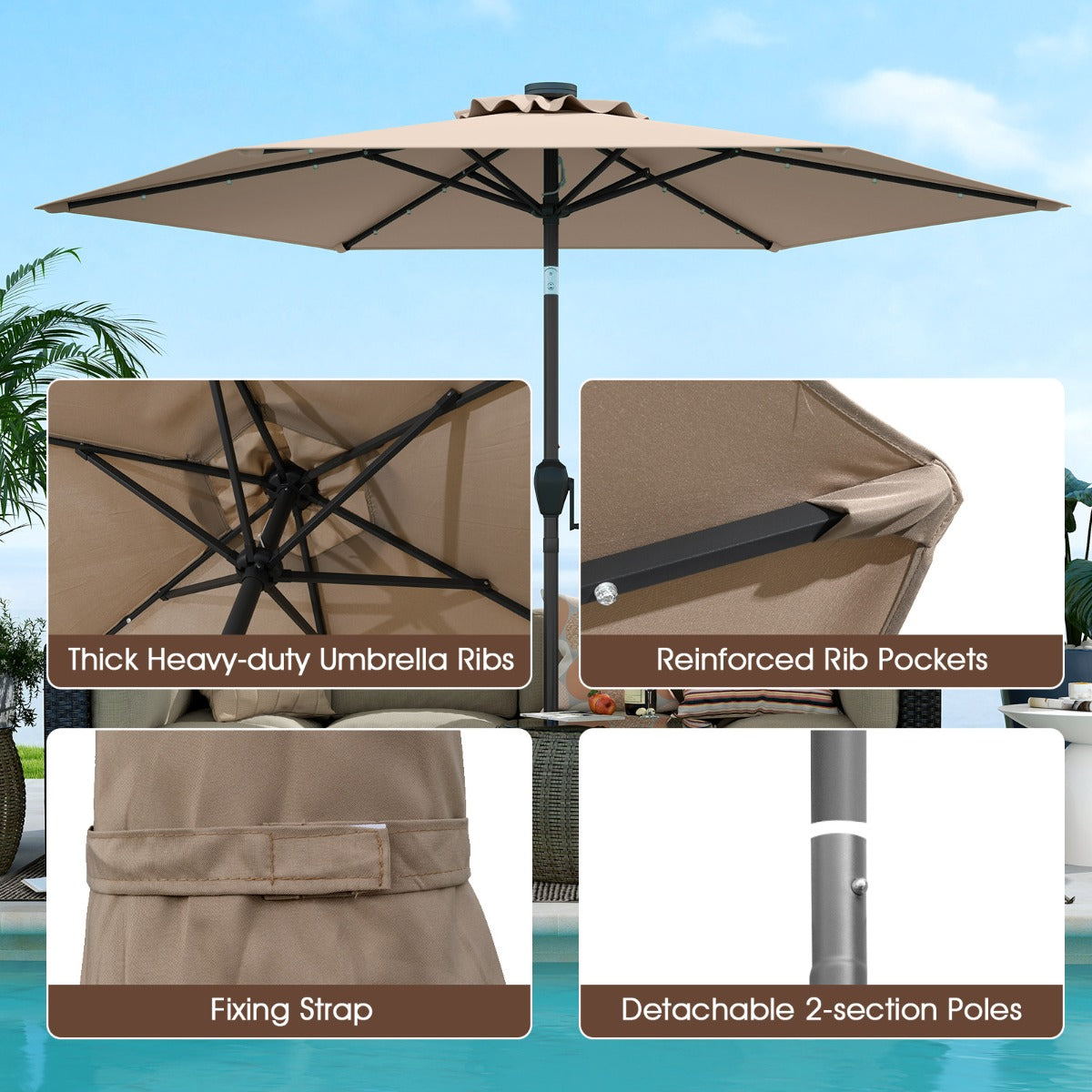 LIVSK Parasol met LED-Verlichting - Geventileerd Polyester - Kantelmechanisme - Eenvoudig Op te Bergen - Beige / Grijs /