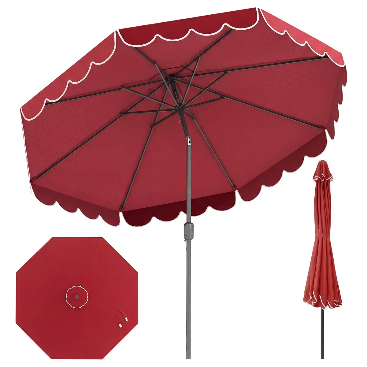 LIVSK Parasol met Ruches - 3 x 2,45 m - Automatische Kanteling - Slingerhandgreep - Stabiele Structuur - Beige/Geelbruin/Wijnrood