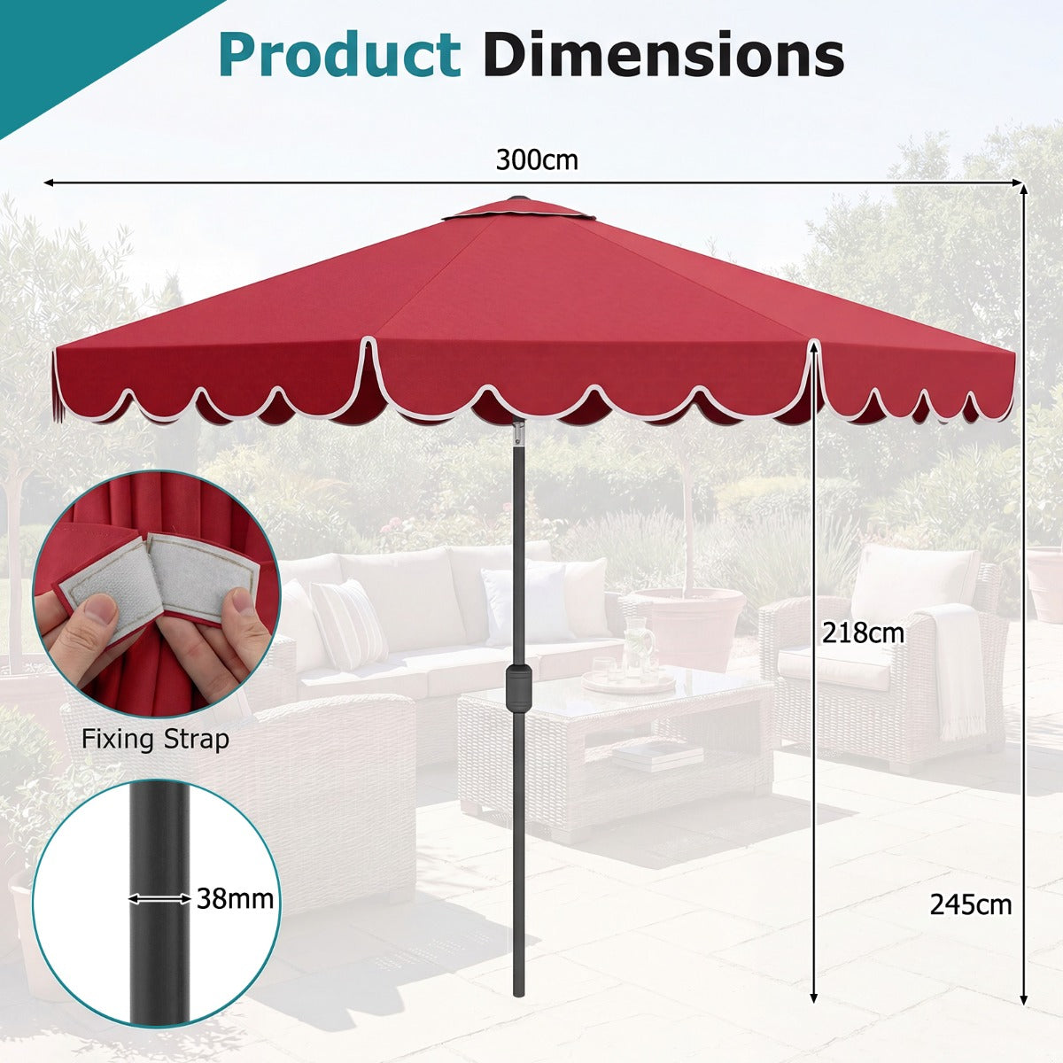 LIVSK Parasol met Ruches - 3 x 2,45 m - Automatische Kanteling - Slingerhandgreep - Stabiele Structuur - Beige/Geelbruin/Wijnrood